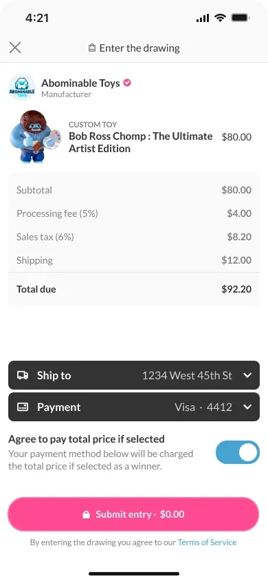 Drawing entry, winners & payment